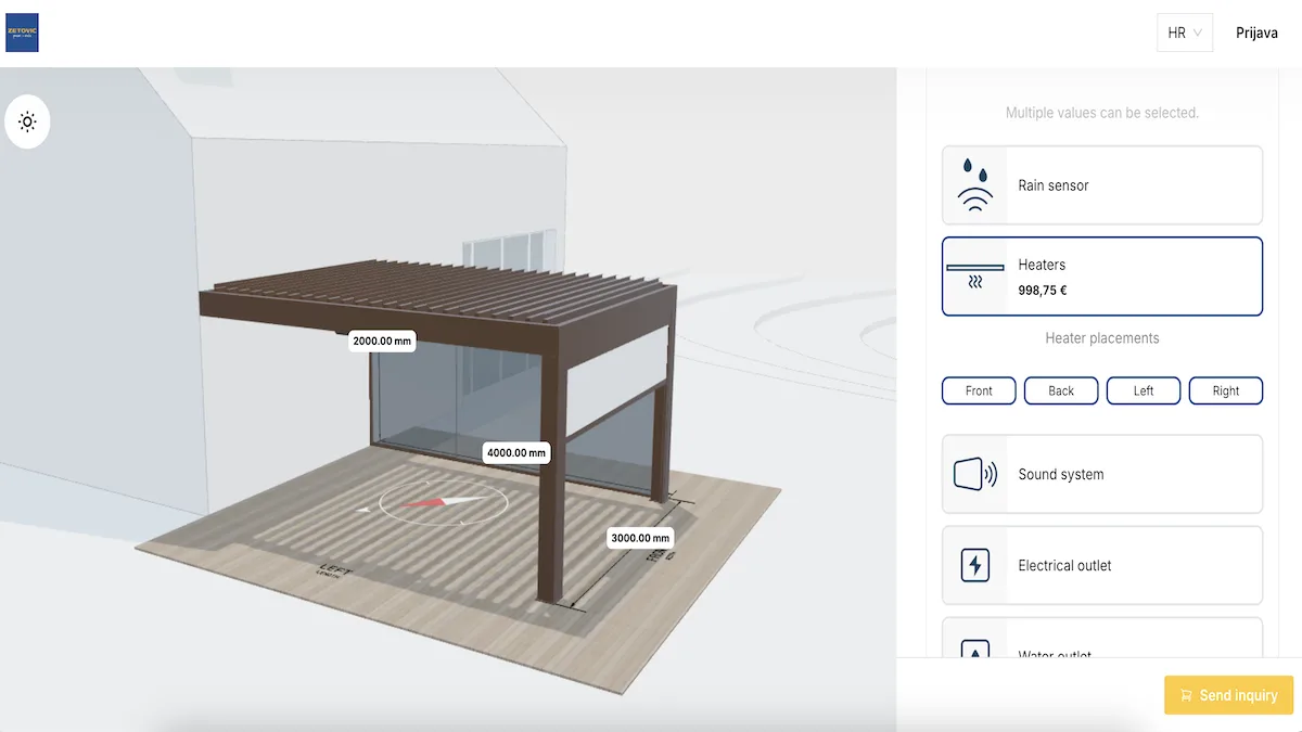 The pergola configurator that Zetović runs on their website.