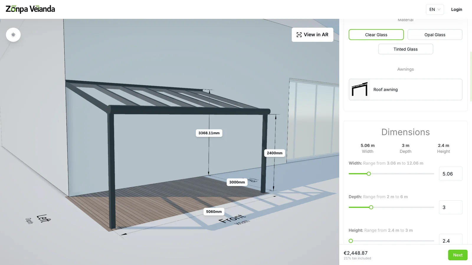 The Zonpa Veranda configurator with a veranda in 3D and the option panel open.