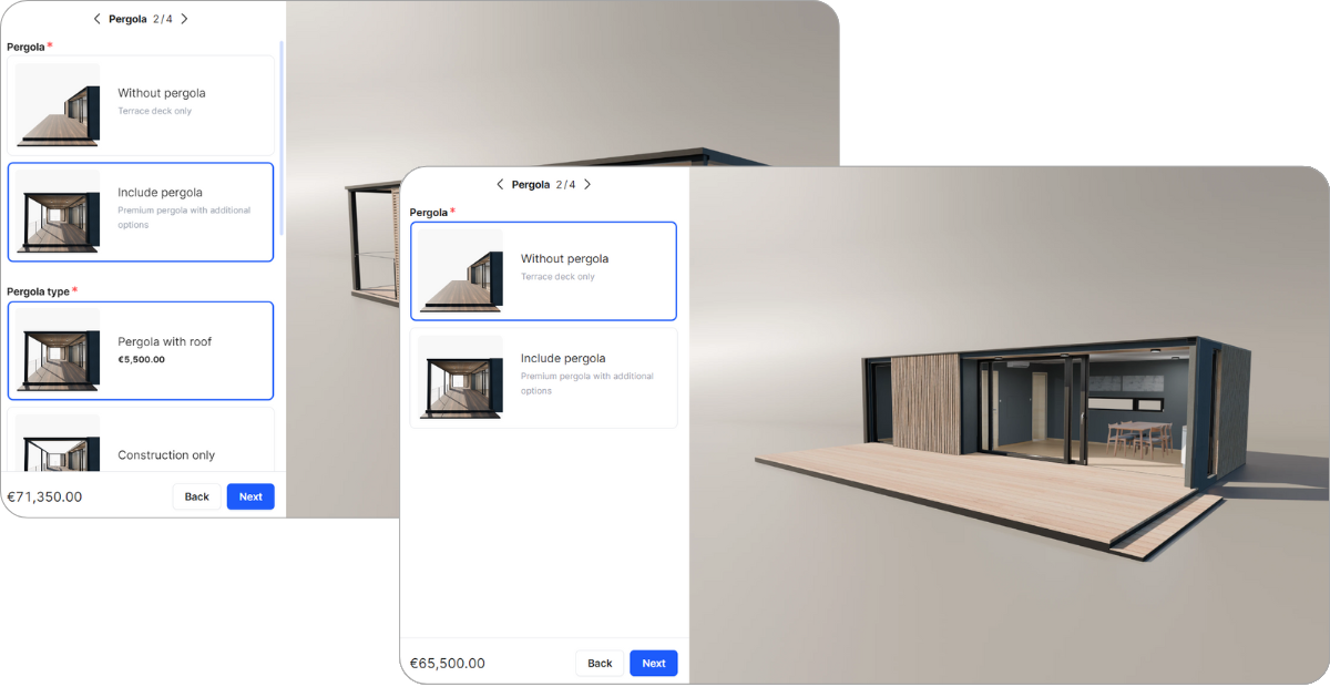 A modular house configurator using filters and rules to display additional options when the roofed pergola option is selected.